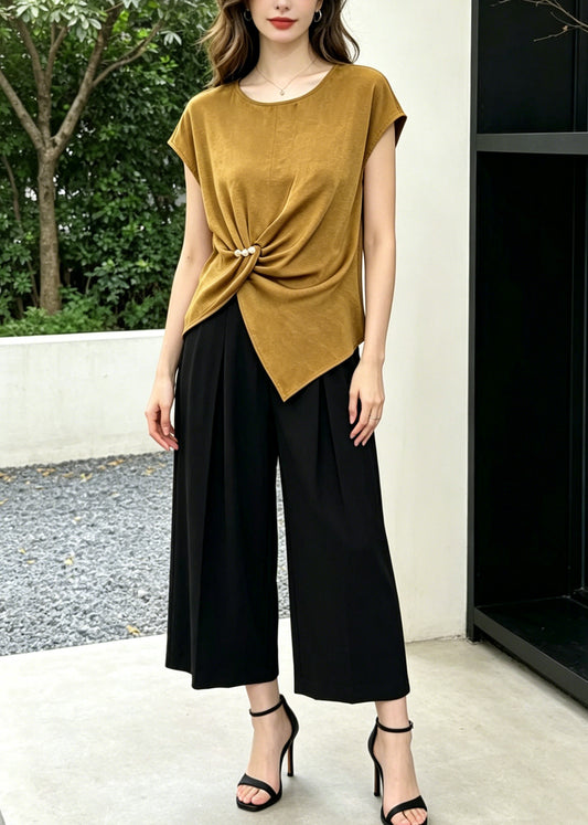 Casual Khaki Asymmetrical Cotton Silk Two Piece Set Women Clothing Summer