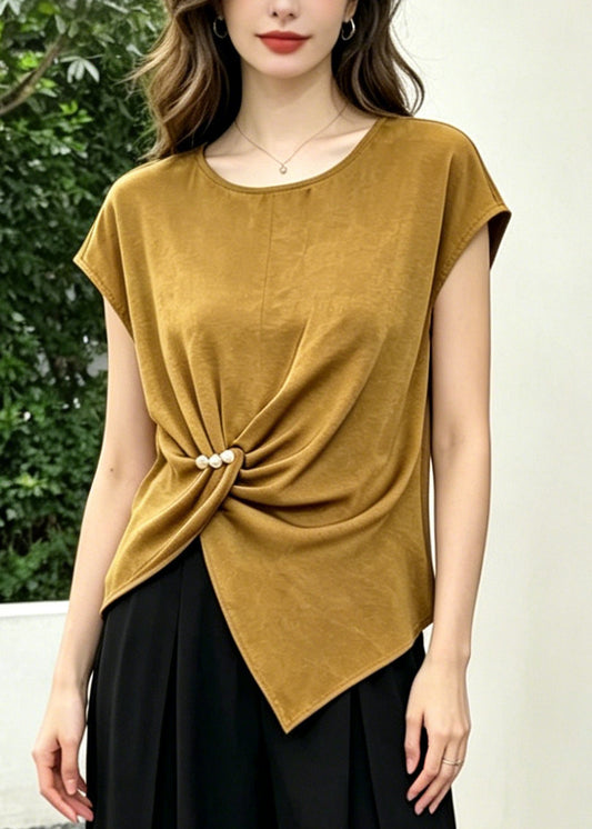 Casual Khaki Asymmetrical Cotton Silk Two Piece Set Women Clothing Summer