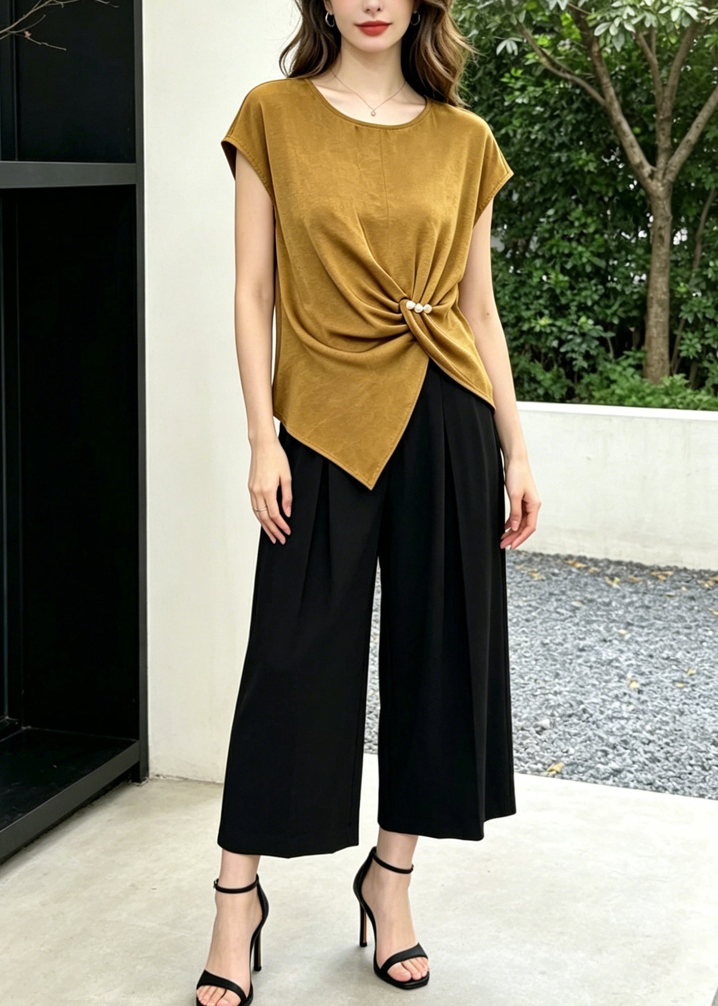 Casual Khaki Asymmetrical Cotton Silk Two Piece Set Women Clothing Summer