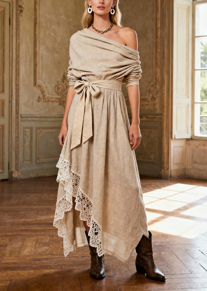 Casual Khaki Asymmetrical One Shoulder Maxi Dresses Spring