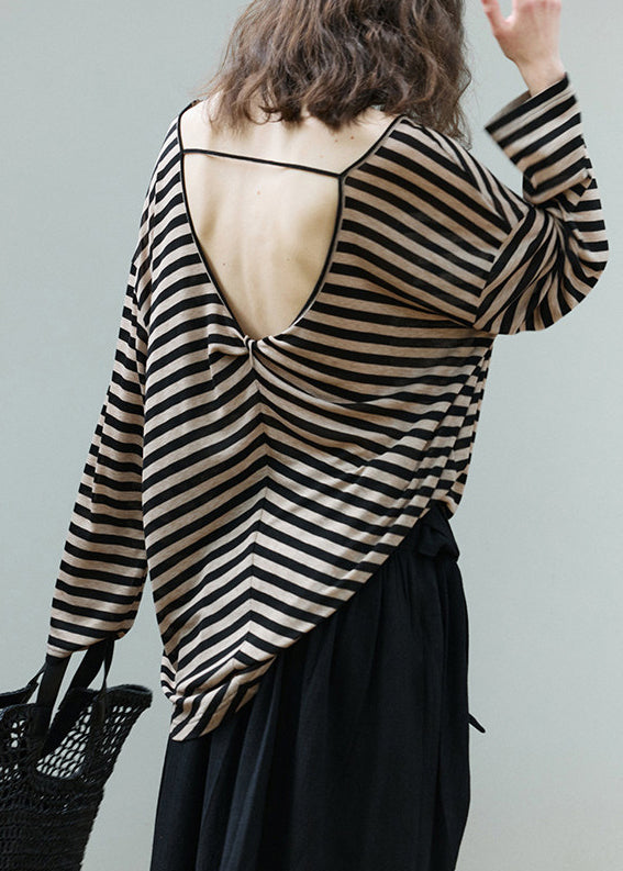 Casual Khaki Backless Striped Cotton Tops Summer
