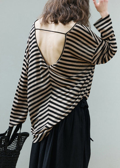 Casual Khaki Backless Striped Cotton Tops Summer