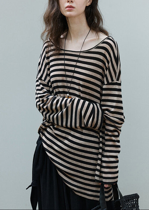 Casual Khaki Backless Striped Cotton Tops Summer