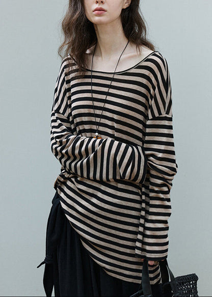 Casual Khaki Backless Striped Cotton Tops Summer