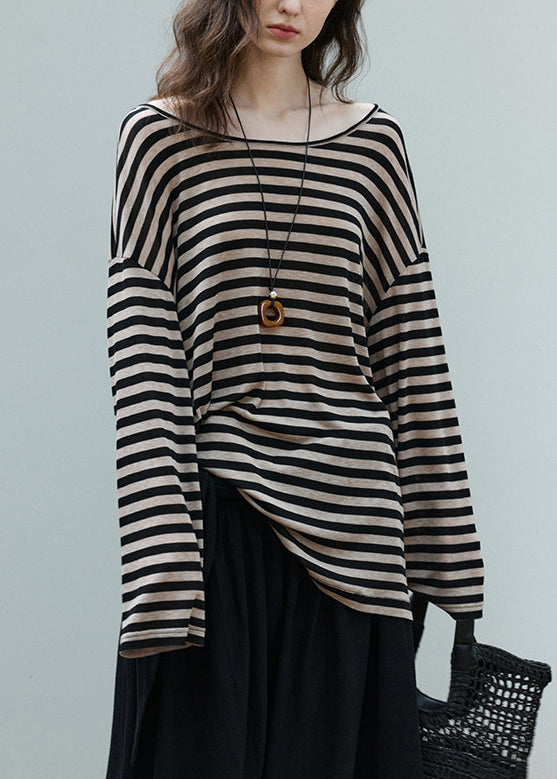 Casual Khaki Backless Striped Cotton Tops Summer