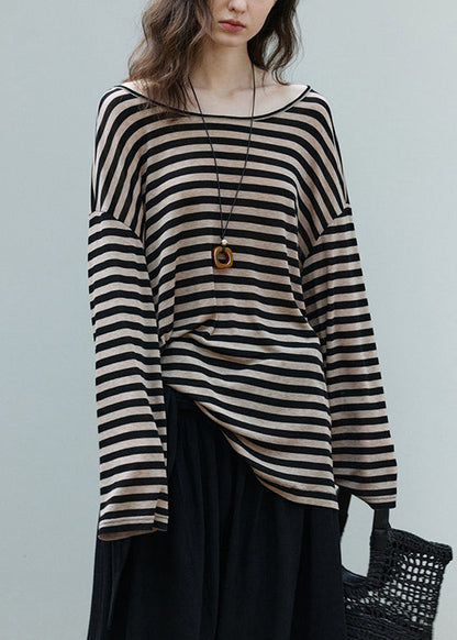 Casual Khaki Backless Striped Cotton Tops Summer