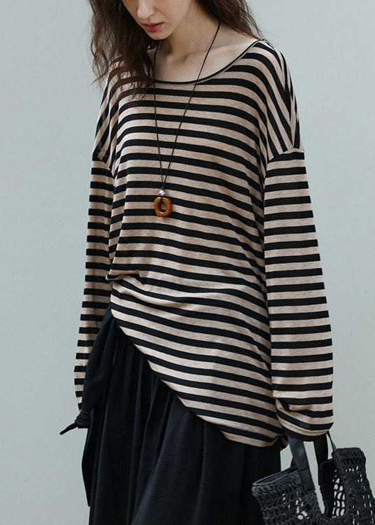 Casual Khaki Backless Striped Cotton Tops Summer
