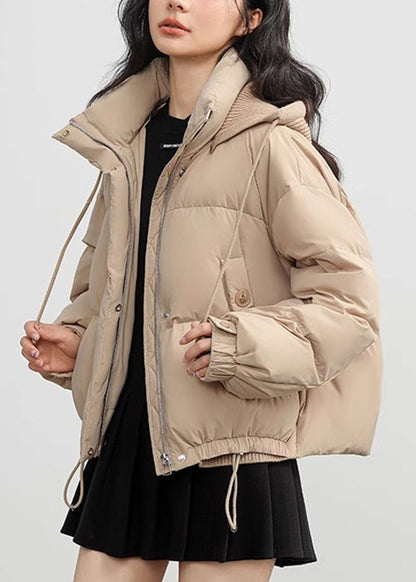 Casual Khaki Button Pockets Drawstring Duck Down Puffer Coat