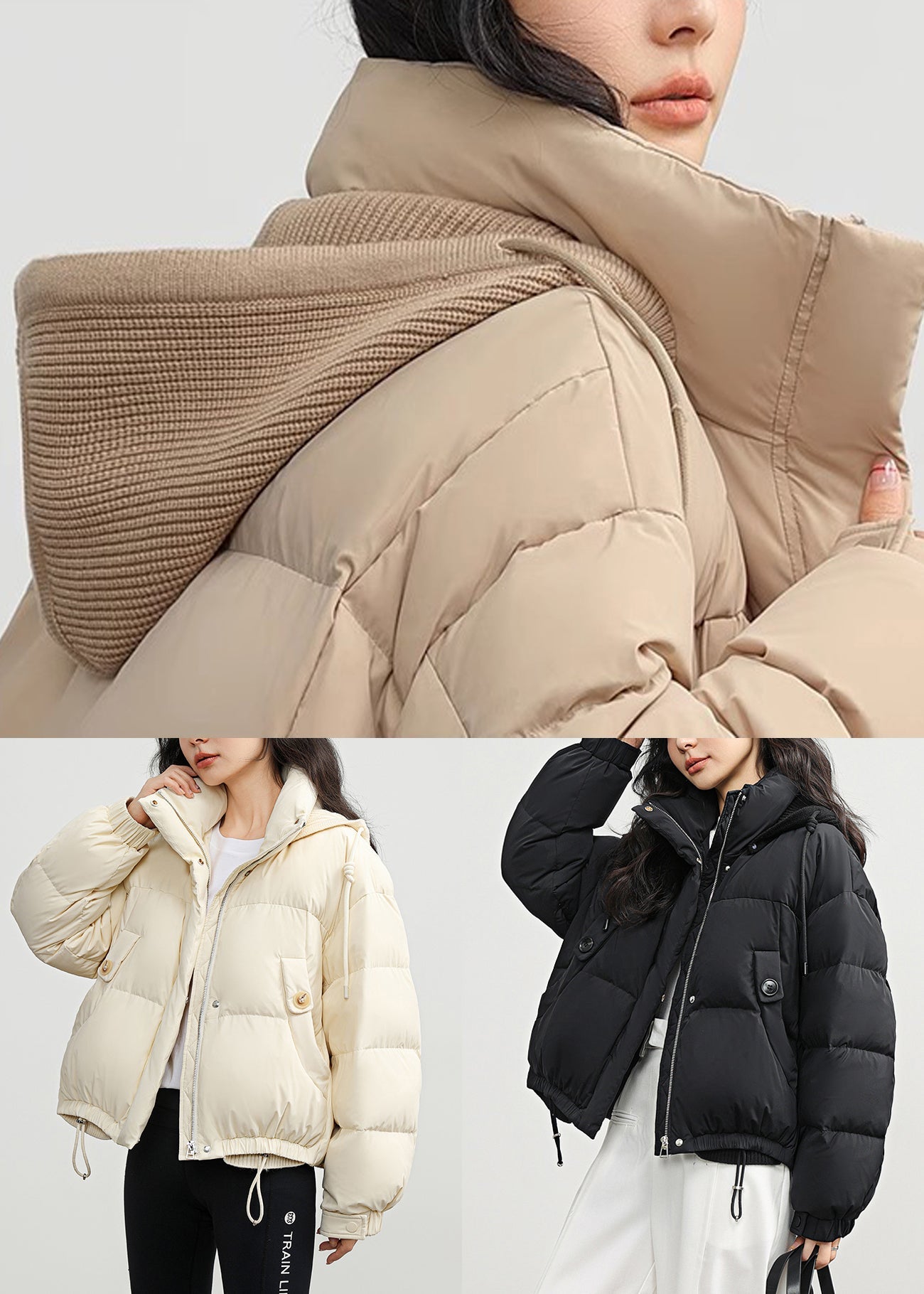 Casual Khaki Button Pockets Drawstring Duck Down Puffer Coat