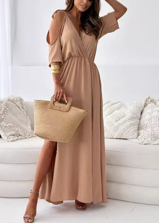 Casual Khaki Cold Shoulder Side Open Chiffon Holiday Dress Summer