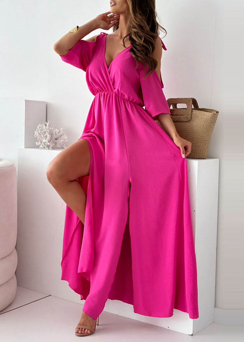 Casual Khaki Cold Shoulder Side Open Chiffon Holiday Dress Summer