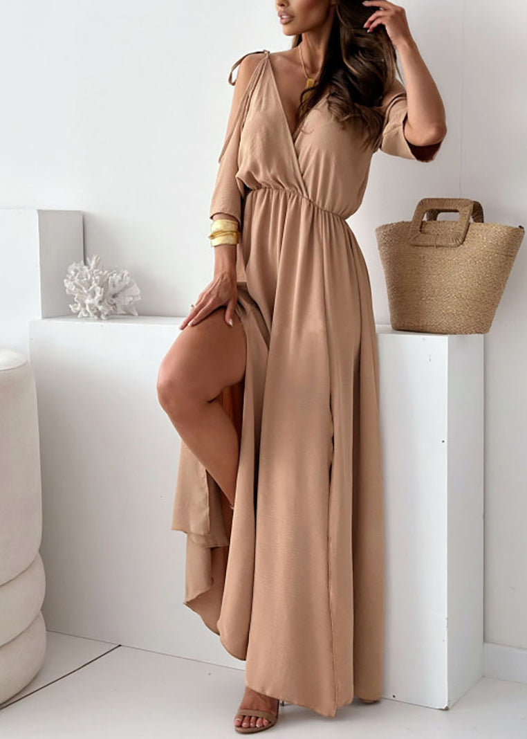 Casual Khaki Cold Shoulder Side Open Chiffon Holiday Dress Summer