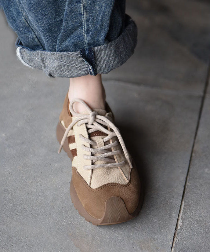 Casual Khaki Cowhide Leather Flat Sport Shoes Splicing Lace Up