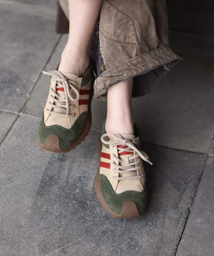 Casual Khaki Cowhide Leather Flat Sport Shoes Splicing Lace Up