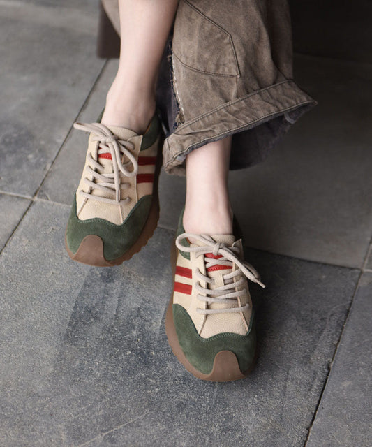 Casual Khaki Cowhide Leather Flat Sport Shoes Splicing Lace Up