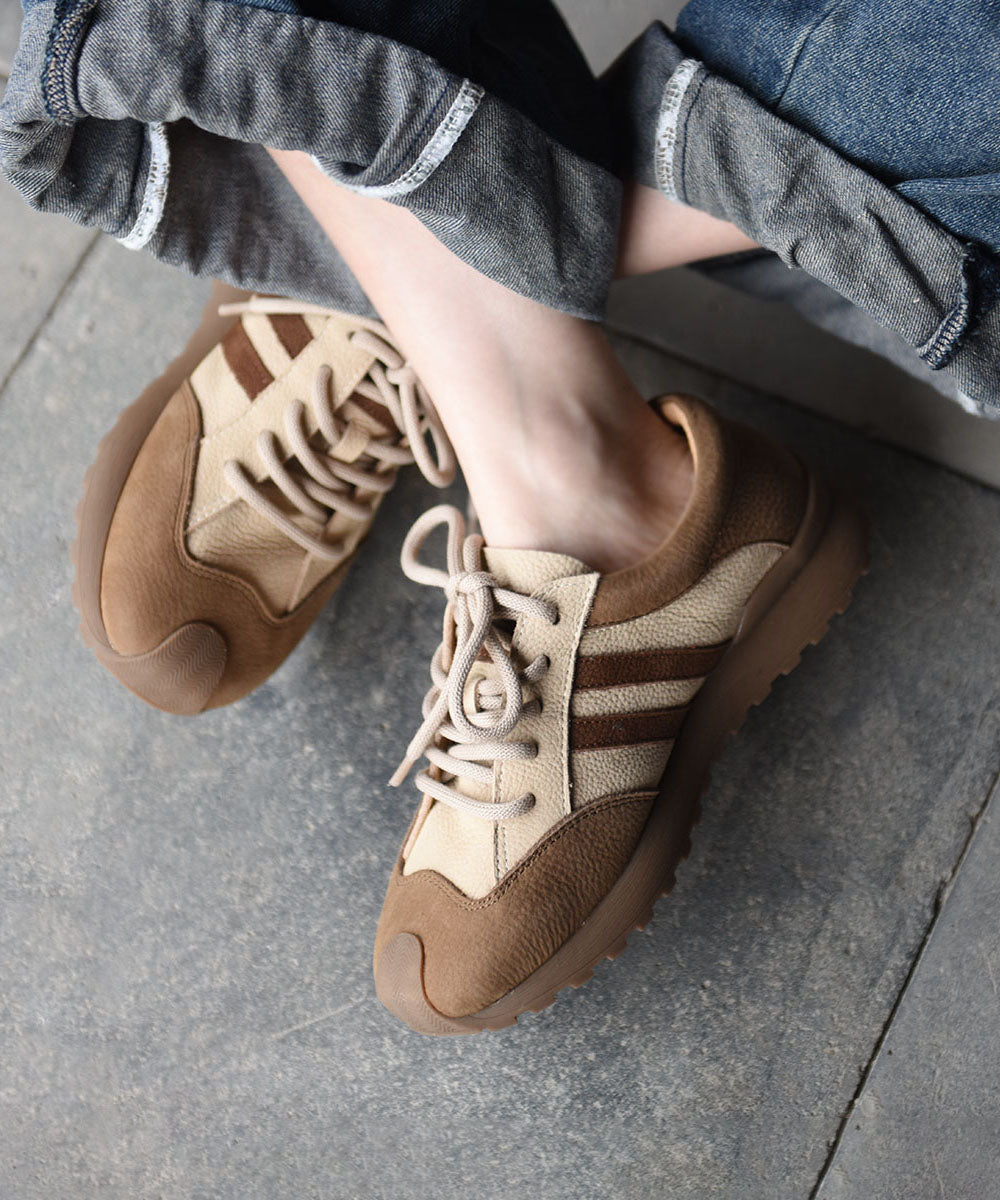 Casual Khaki Cowhide Leather Flat Sport Shoes Splicing Lace Up
