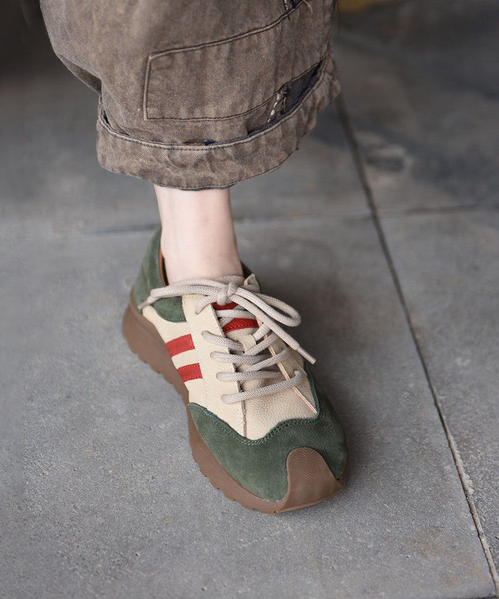 Casual Khaki Cowhide Leather Flat Sport Shoes Splicing Lace Up