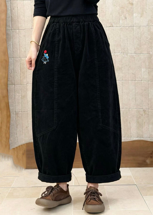 Casual Khaki Embroidered Pockets Patchwork Corduroy Pants Fall