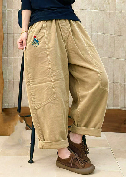 Casual Khaki Embroidered Pockets Patchwork Corduroy Pants Fall