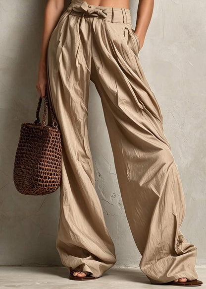 Casual Khaki High Waist Tie Waist Pockets Wide Leg Pants Fall