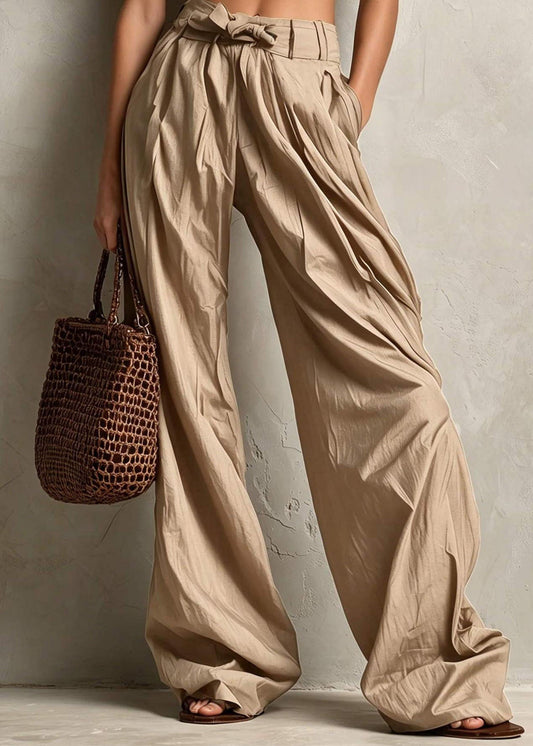 Casual Khaki High Waist Tie Waist Pockets Wide Leg Pants Fall