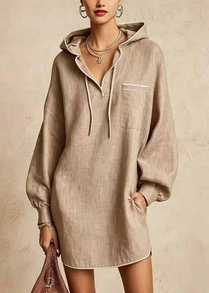 Casual Khaki Hooded Drawstring Vacation Dress Fall