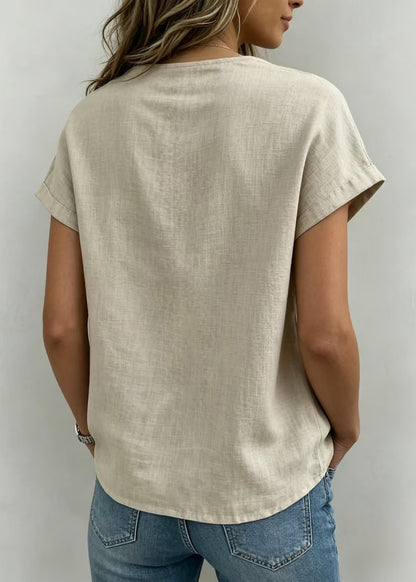 Casual Khaki Lace Up Cotton Shirt Top Short Sleeve