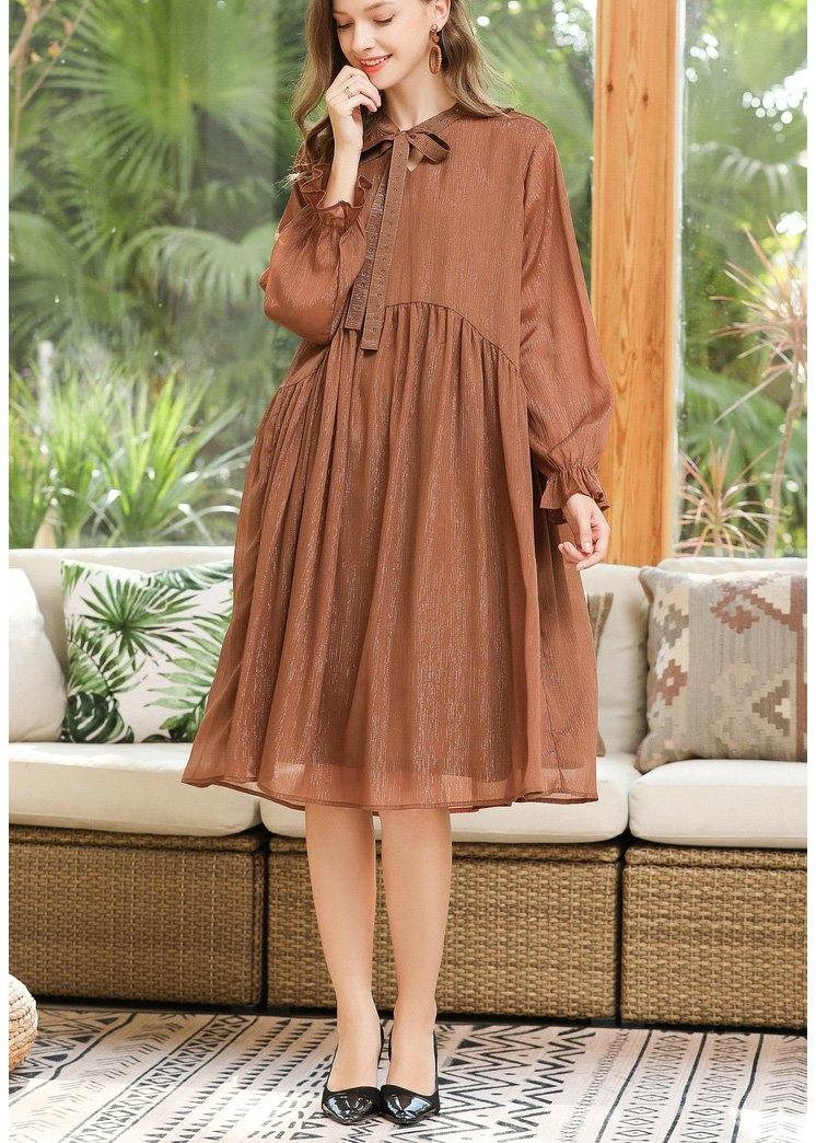 Casual Khaki Long sleeve Chiffon Summer Dresses - SooLinen