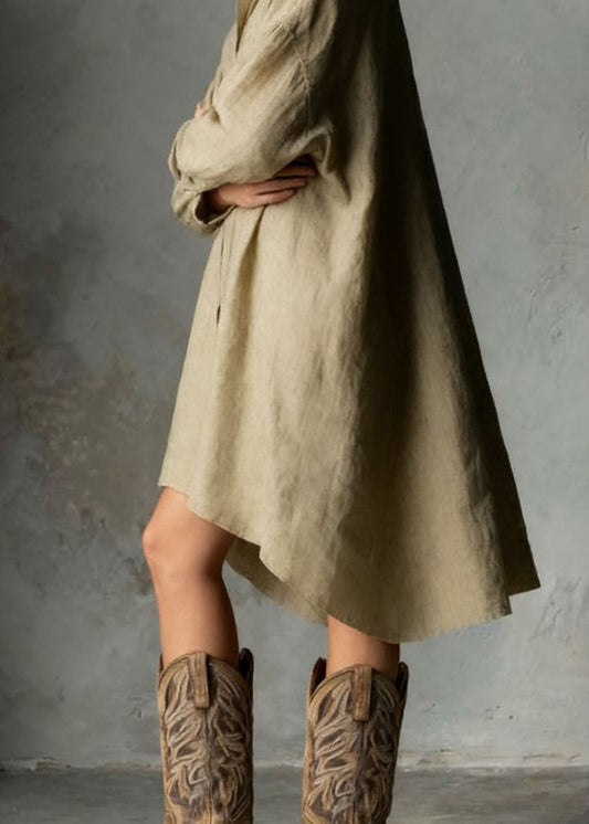 Casual Khaki Low High Design Solid Long Dresses Long Sleeve