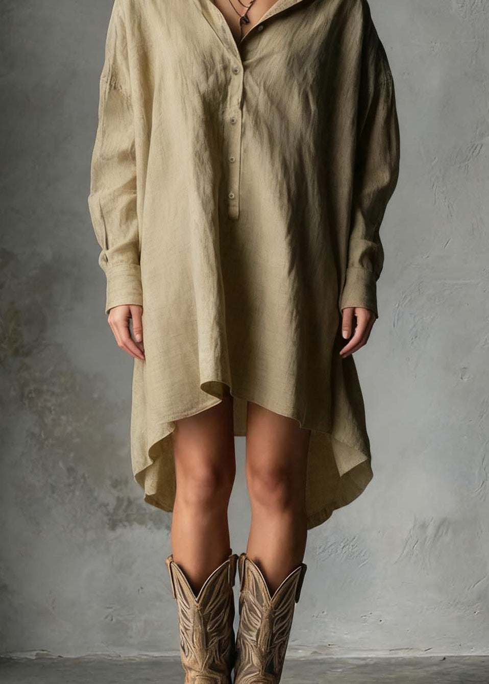 Casual Khaki Low High Design Solid Long Dresses Long Sleeve