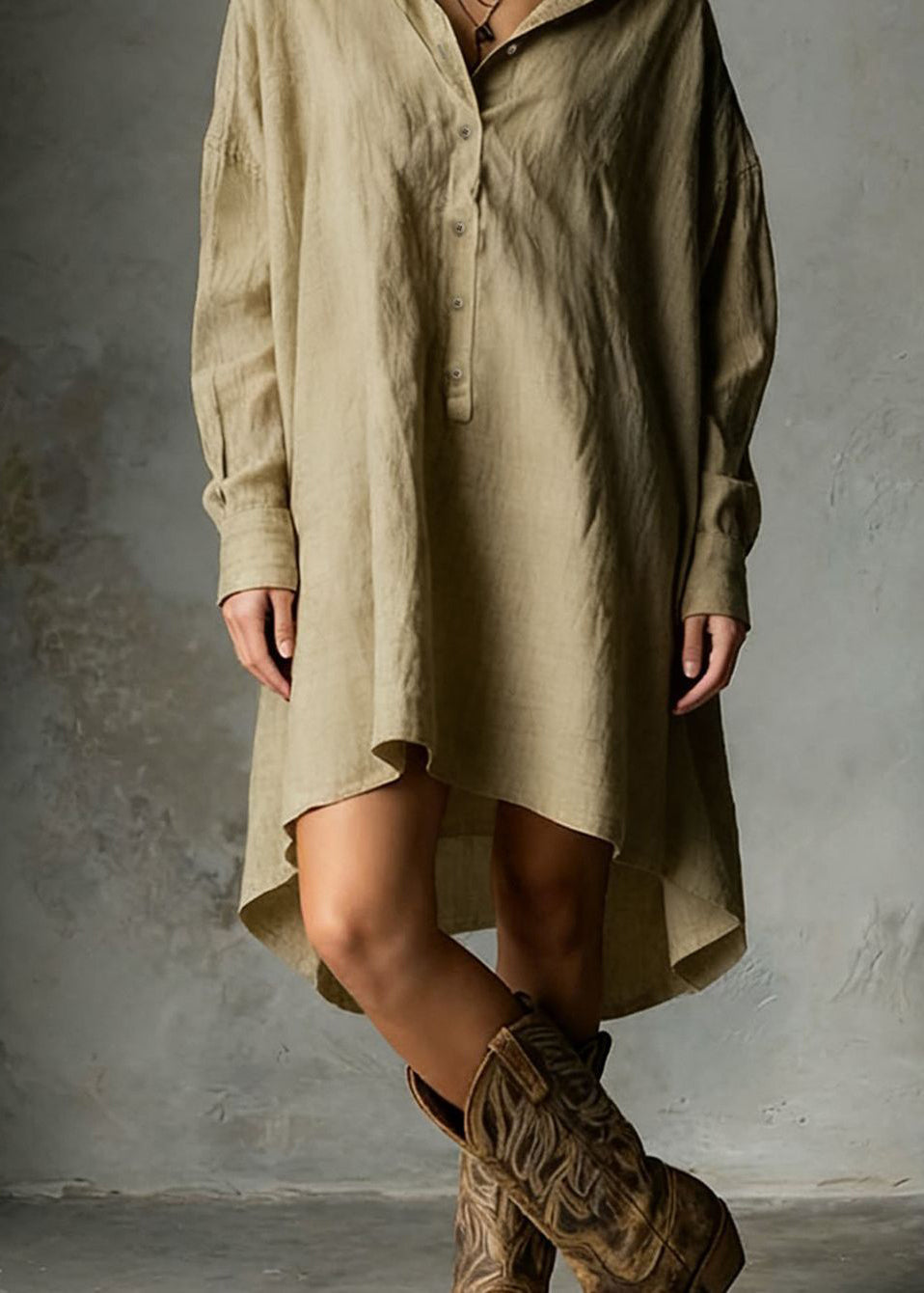 Casual Khaki Low High Design Solid Long Dresses Long Sleeve
