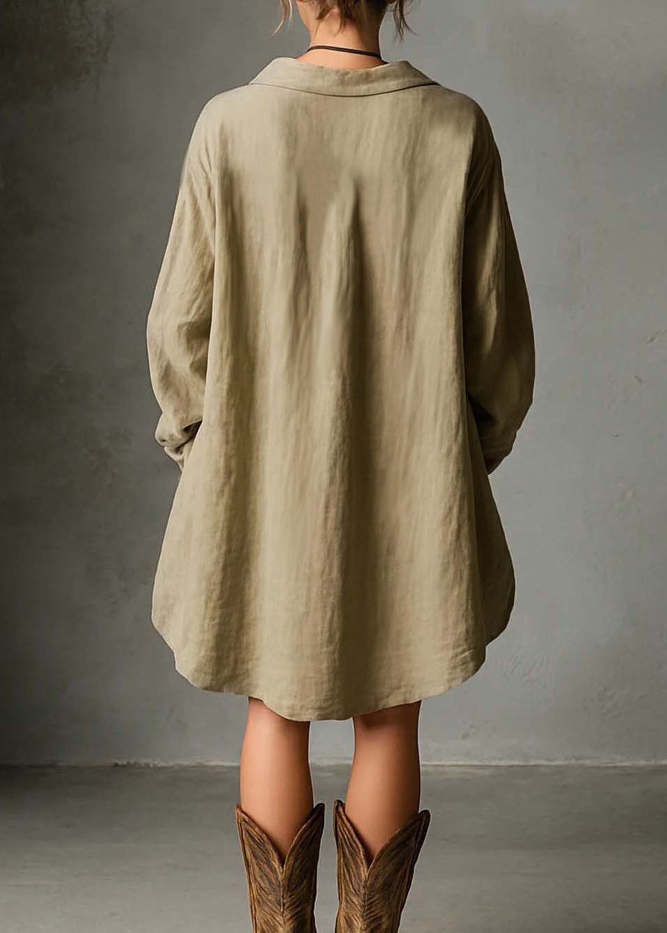 Casual Khaki Low High Design Solid Long Dresses Long Sleeve