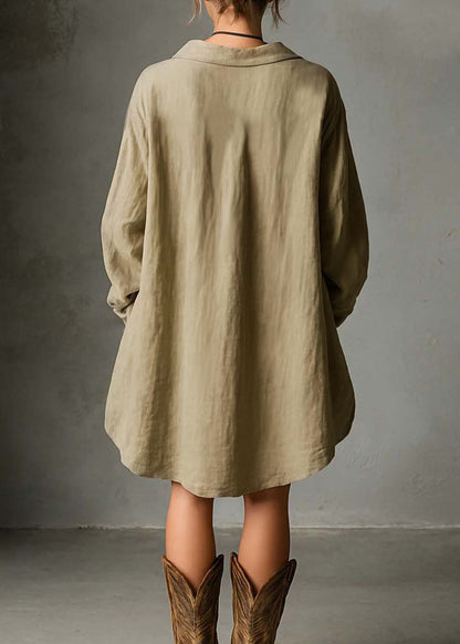 Casual Khaki Low High Design Solid Long Dresses Long Sleeve