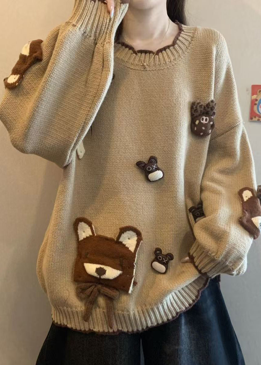 Casual Khaki O Neck Cartoon Knit Sweaters Winter