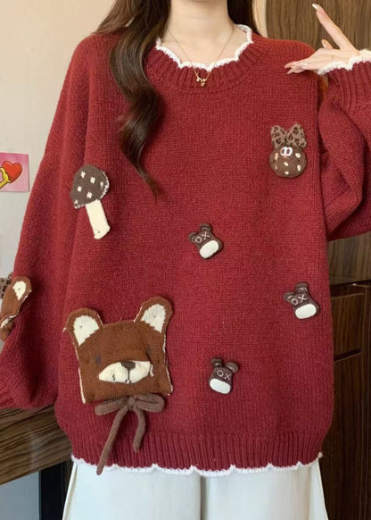 Casual Khaki O Neck Cartoon Knit Sweaters Winter