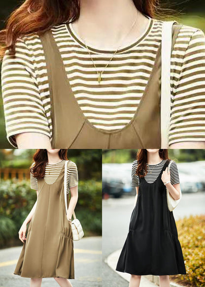 Casual Khaki O Neck Pockets Patchwork Cotton Dresses Summer