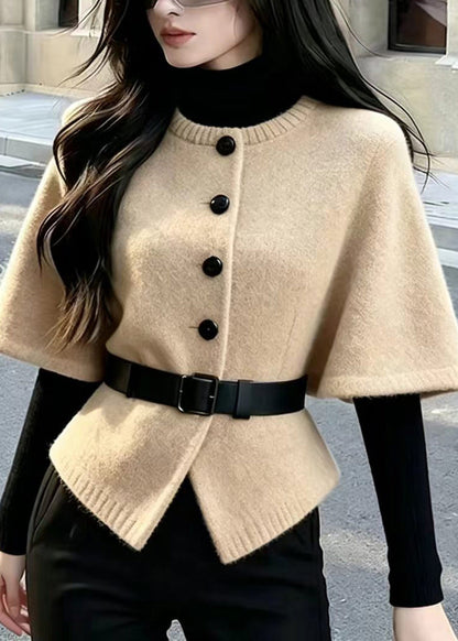 Casual Khaki O-Neck Single Breasted Knit Top Short Sleeve