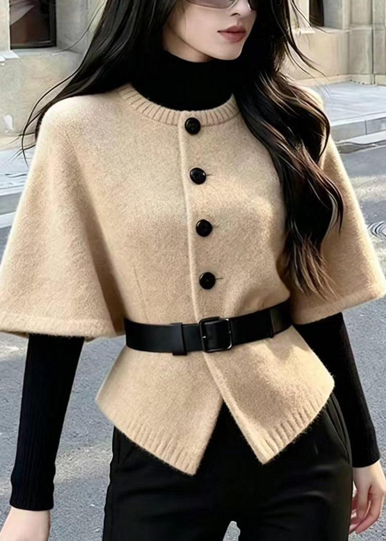 Casual Khaki O-Neck Single Breasted Knit Top Short Sleeve