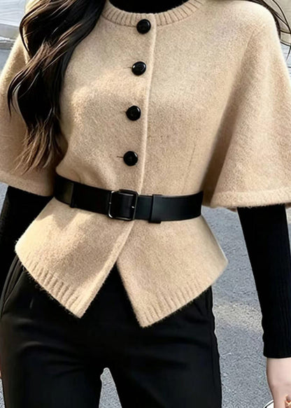 Casual Khaki O-Neck Single Breasted Knit Top Short Sleeve