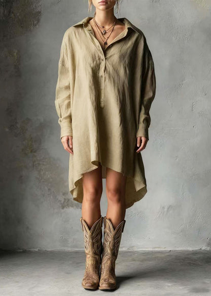Casual Khaki Oversized Linen Shirt Dress Long Sleeve