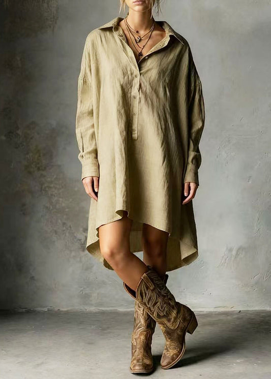 Casual Khaki Oversized Linen Shirt Dress Long Sleeve
