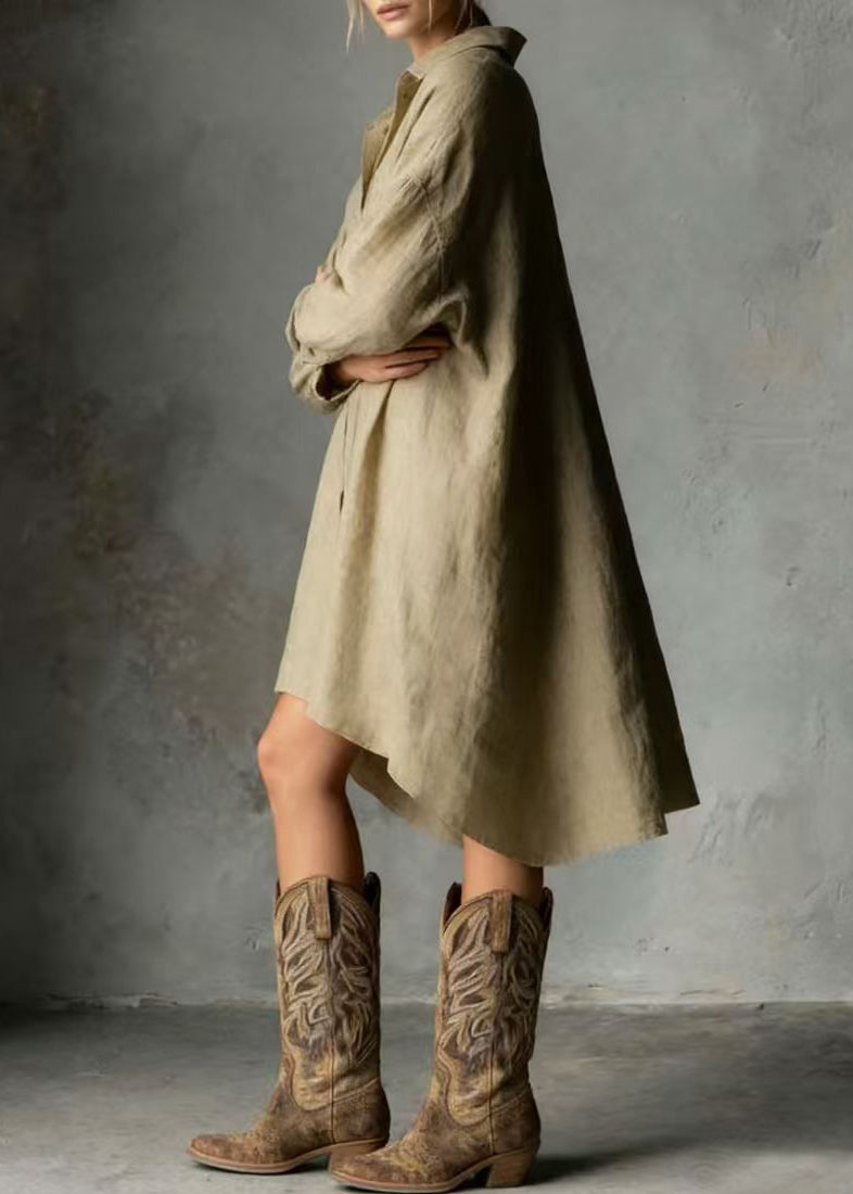 Casual Khaki Oversized Linen Shirt Dress Long Sleeve