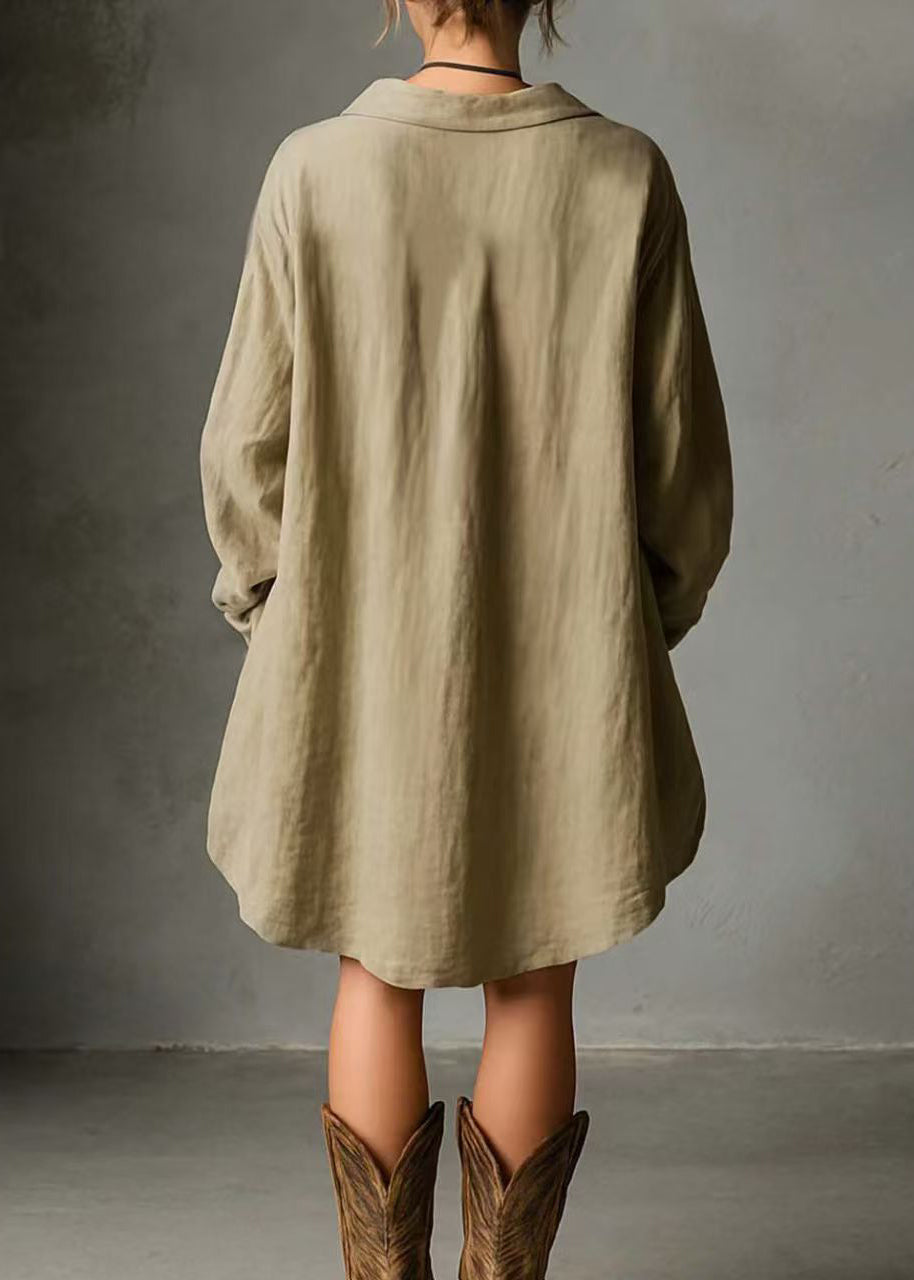 Casual Khaki Oversized Linen Shirt Dress Long Sleeve