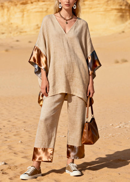 Casual Khaki Oversized Patchwork Silk Linen Two Pieces Set Summer