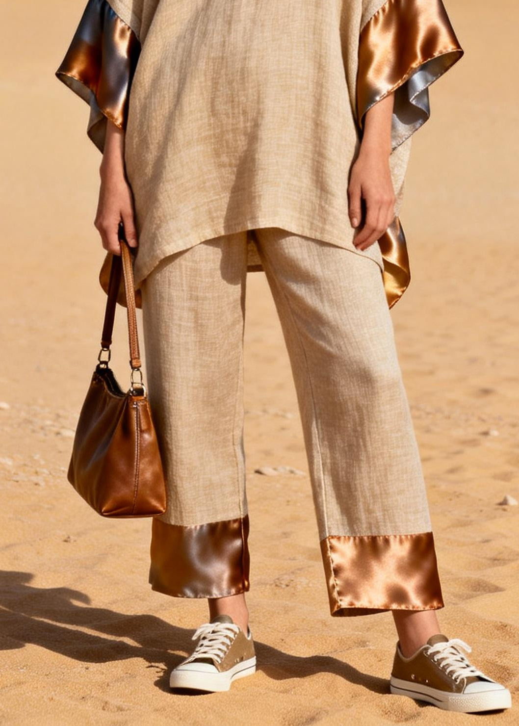 Casual Khaki Oversized Patchwork Silk Linen Two Pieces Set Summer