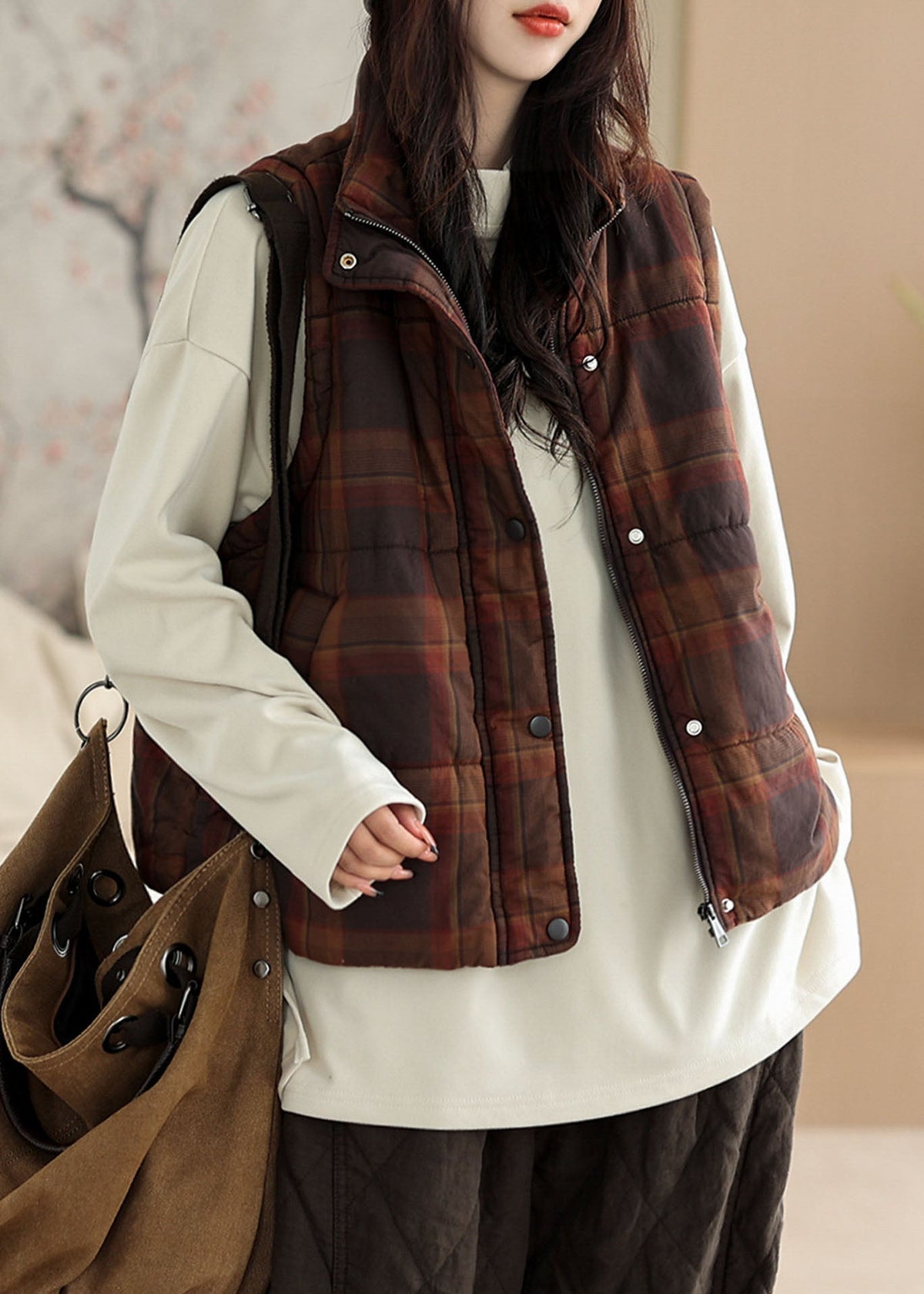 Casual Khaki Plaid Warm Fine Cotton Filled Vests In Winter