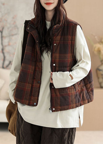 Casual Khaki Plaid Warm Fine Cotton Filled Vests In Winter