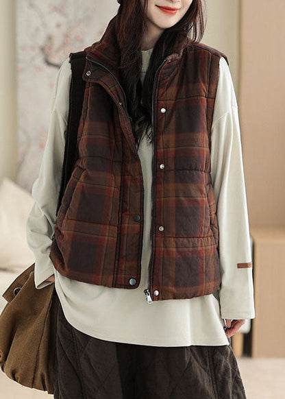 Casual Khaki Plaid Warm Fine Cotton Filled Vests In Winter