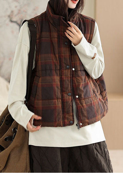 Casual Khaki Plaid Warm Fine Cotton Filled Vests In Winter