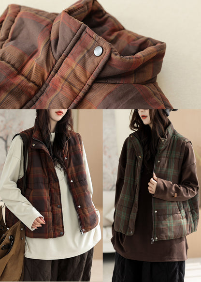 Casual Khaki Plaid Warm Fine Cotton Filled Vests In Winter